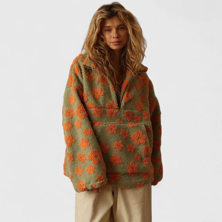 Floral Women's Fleece Sweater – Half-Zip Oversized Fit — Orange