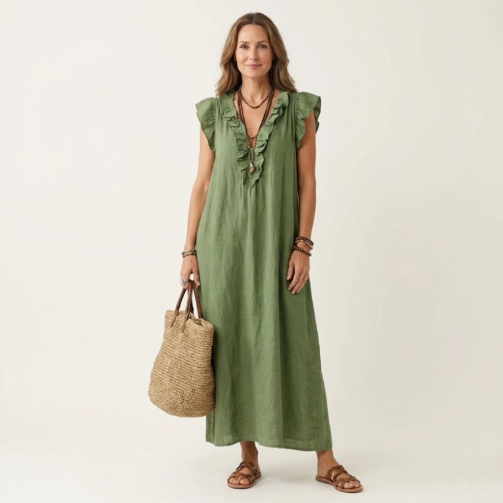 Josette Women's Maxi Dress – Ruffle V-Neck Comfort — Green