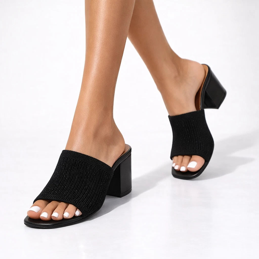 Helena Women's Block Heel Sandals – Stretchy Cotton Comfort — Black