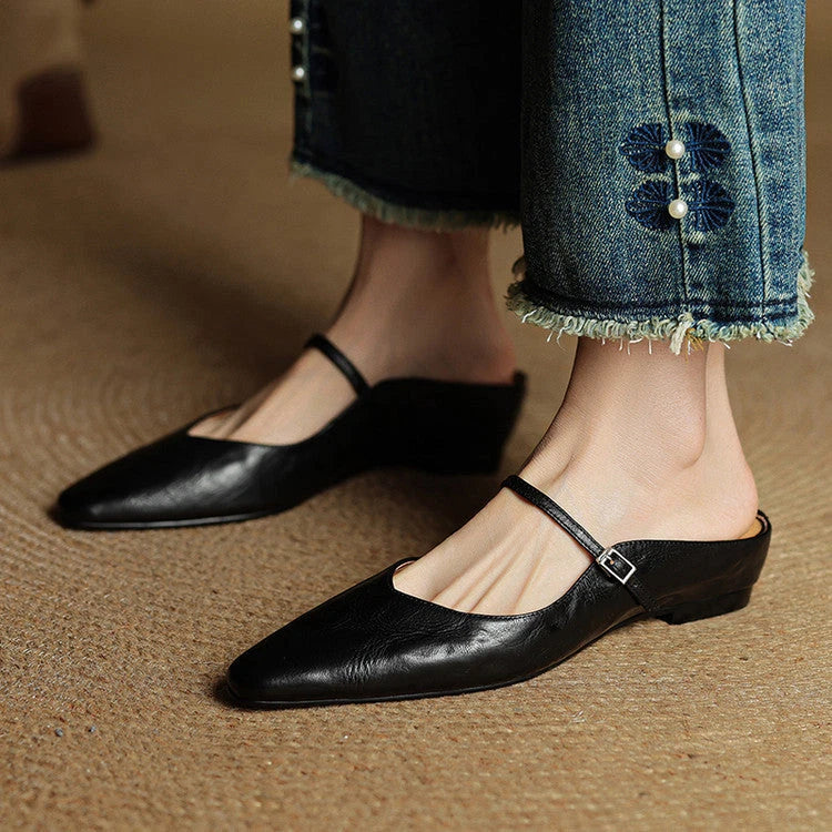 Talia Women's Leather Mules – Mary Jane Strap Secure Fit — Black