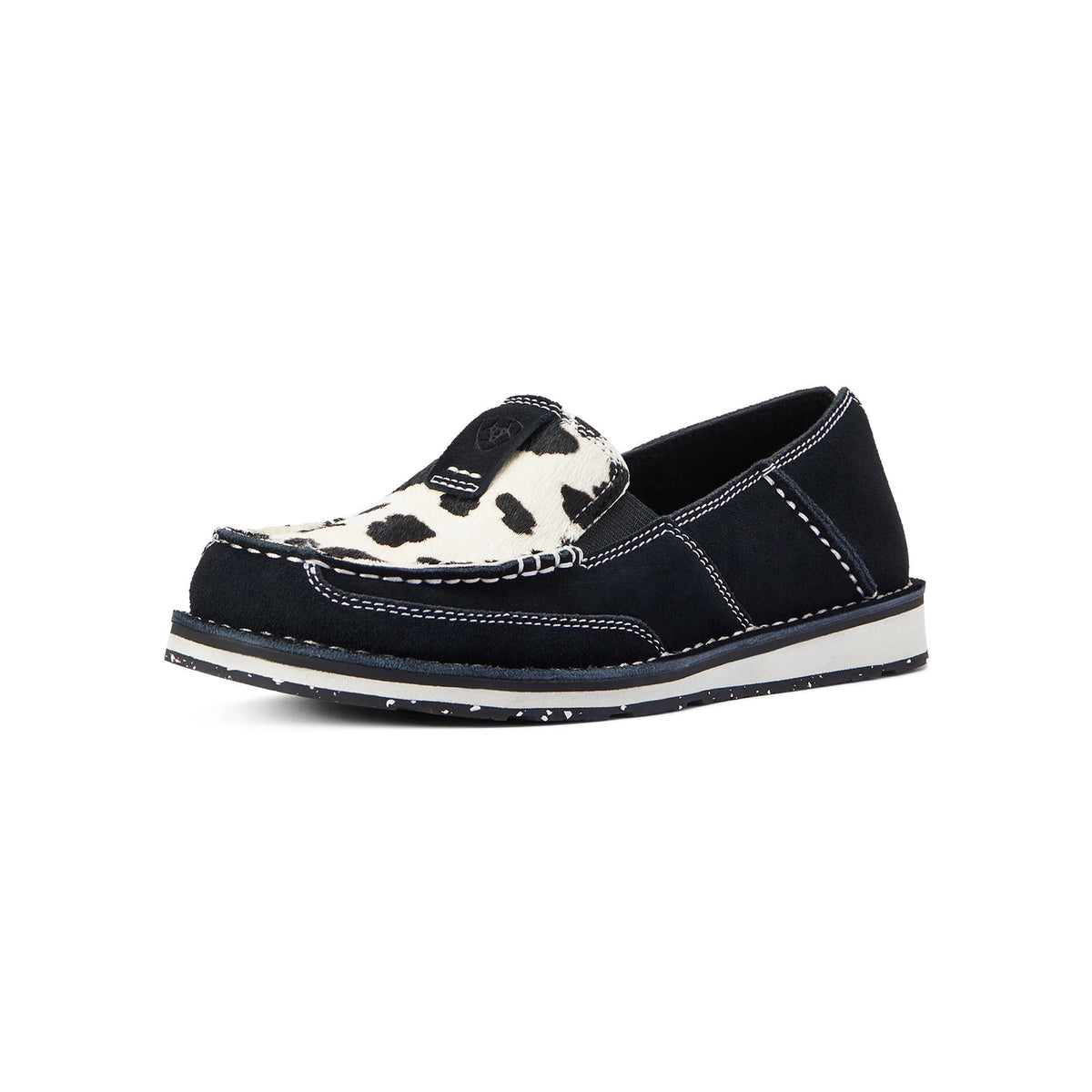 Women's Slip-On Shoes – Leather Stretch Casual Comfort — Black and White Hair On