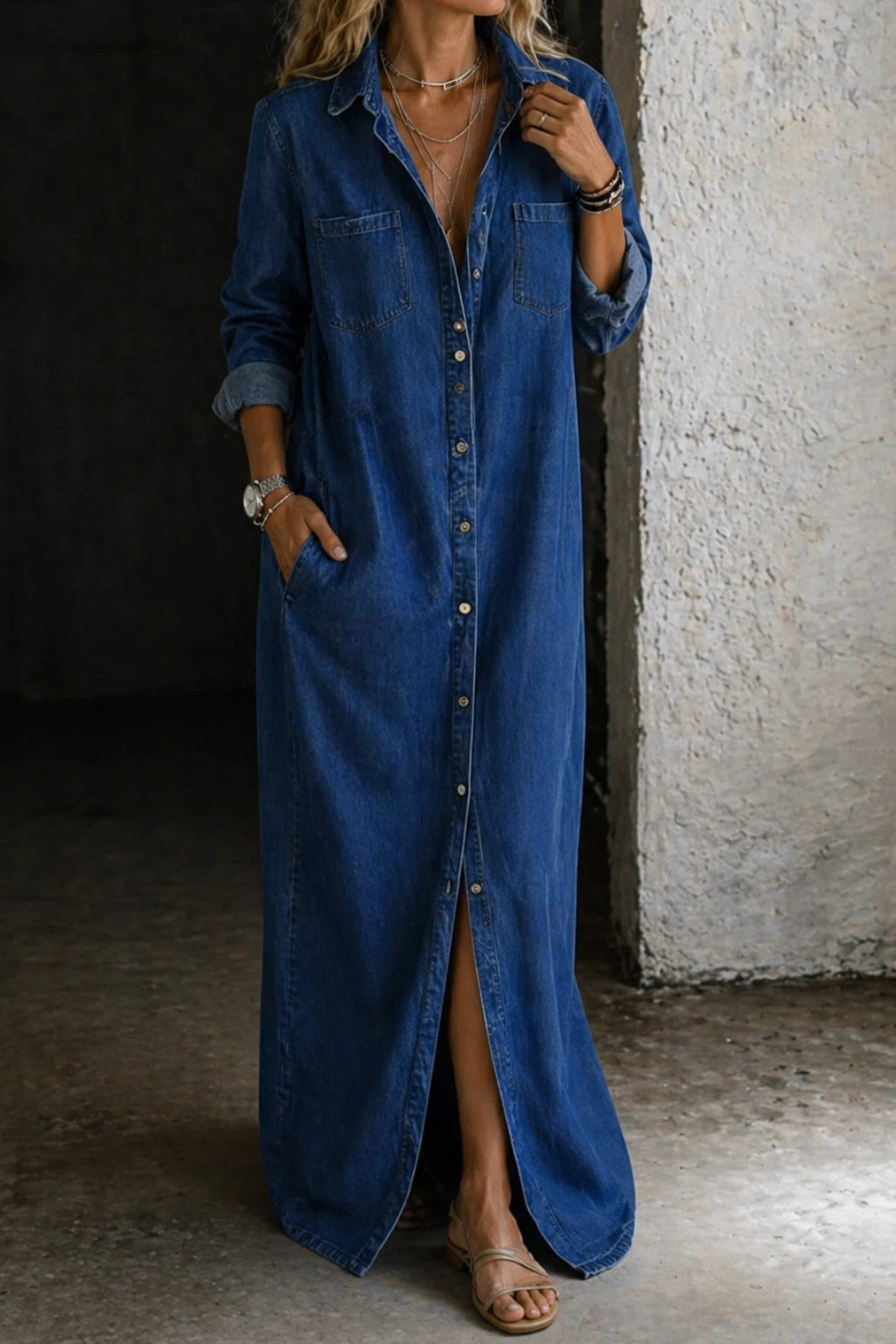 Women's Denim Button-Down Dress – Relaxed Everyday Fit — Dark Blue