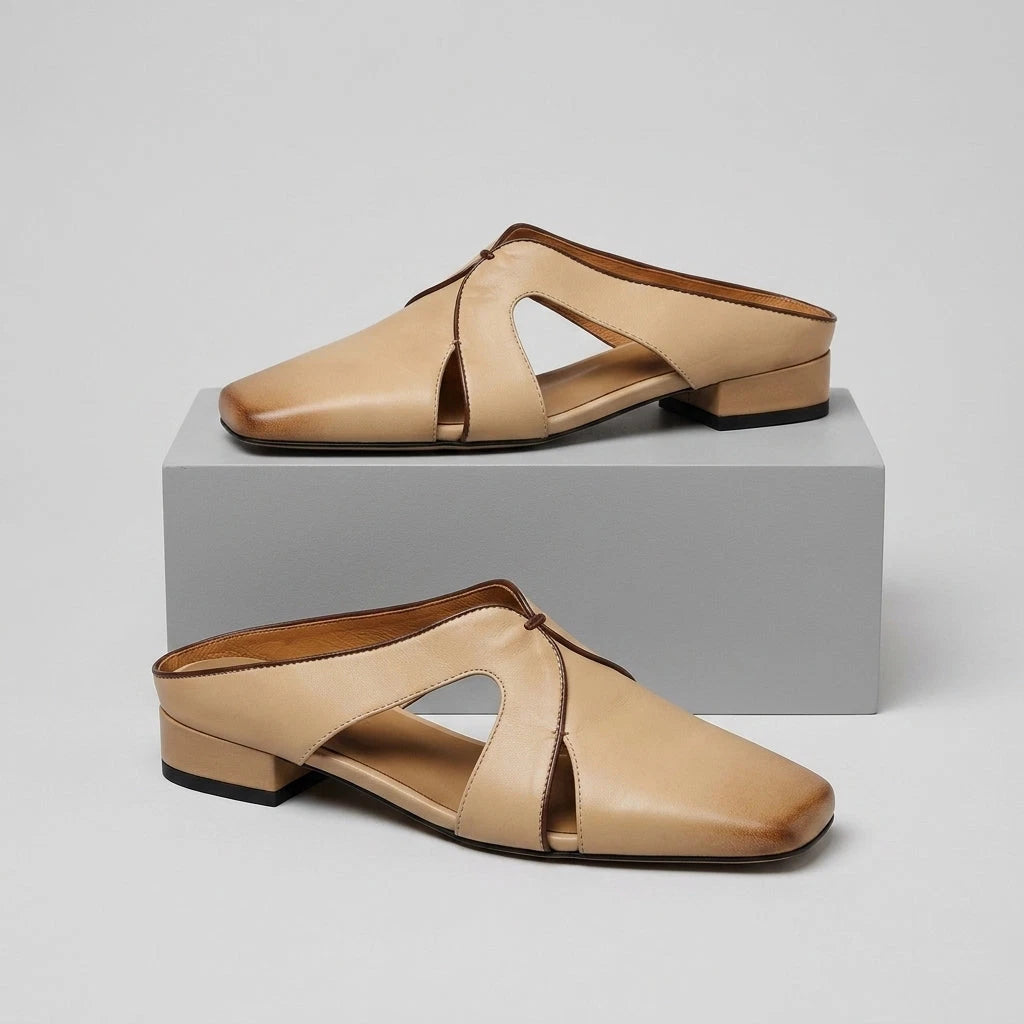Lori Women's Leather Mule – Cutout Square Toe Low Heel — Beige