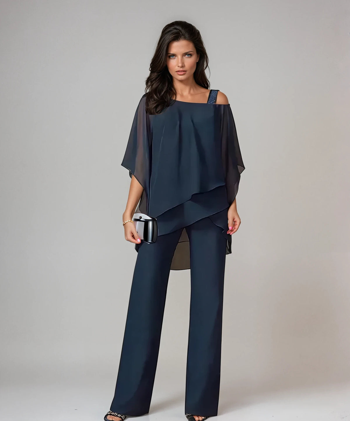 Eleanor Women's Two-Piece Set – Asymmetric Chiffon Drape — Blu Navy