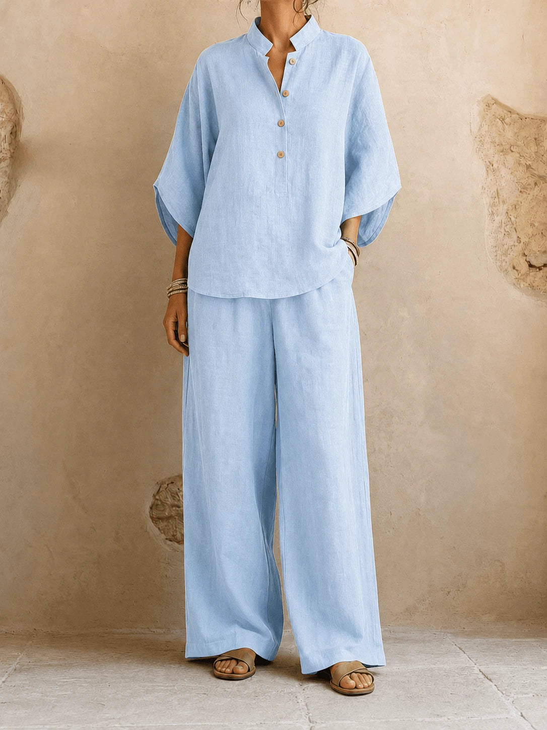 Maribel Women's Two-Piece Set – Batwing Wide-Leg Comfort — Light Blue