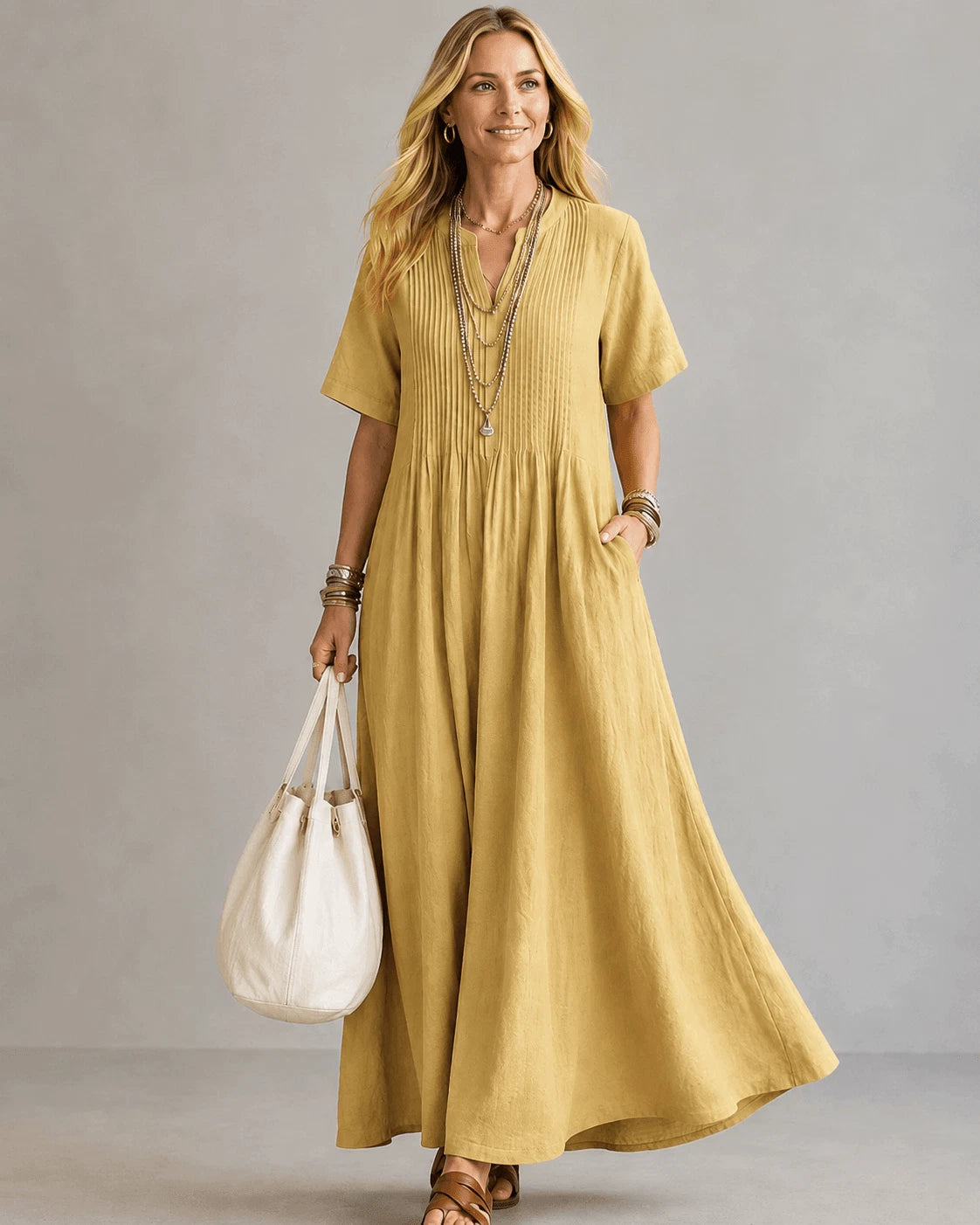Pleated Women's Maxi Dress – Relaxed Fit Everyday Comfort — Yellow