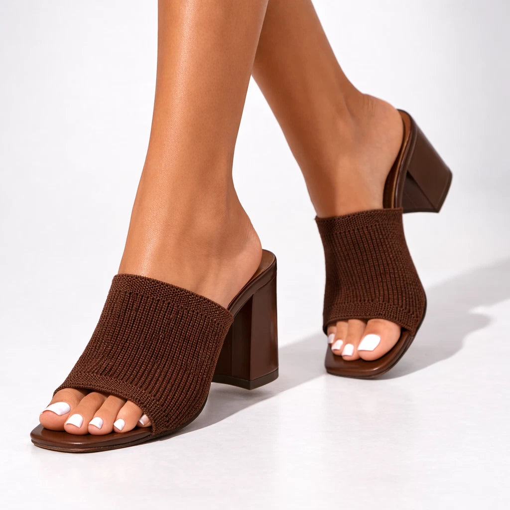 Helena Women's Block Heel Sandals – Stretchy Cotton Comfort — Brown