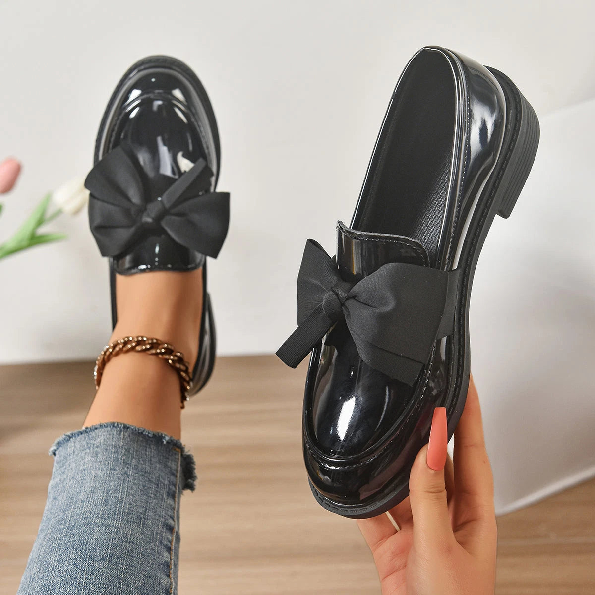Alice Women's Loafers – Bow Detail Everyday Comfort — Glossy Black