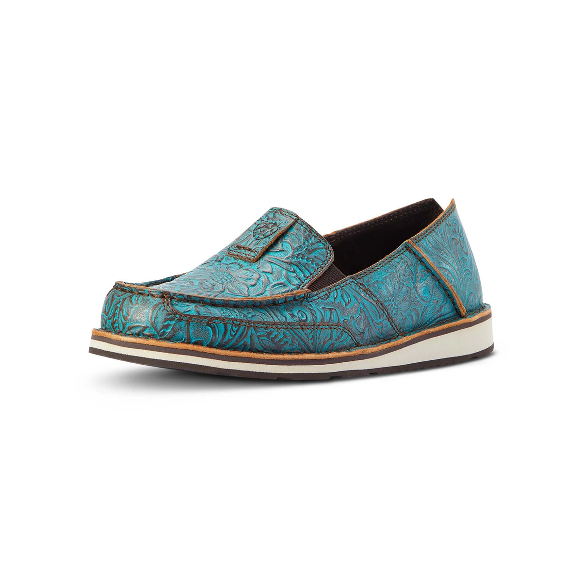 Women's Slip-On Shoes – Leather Stretch Casual Comfort — Brushed Turquoise Floral Embossed