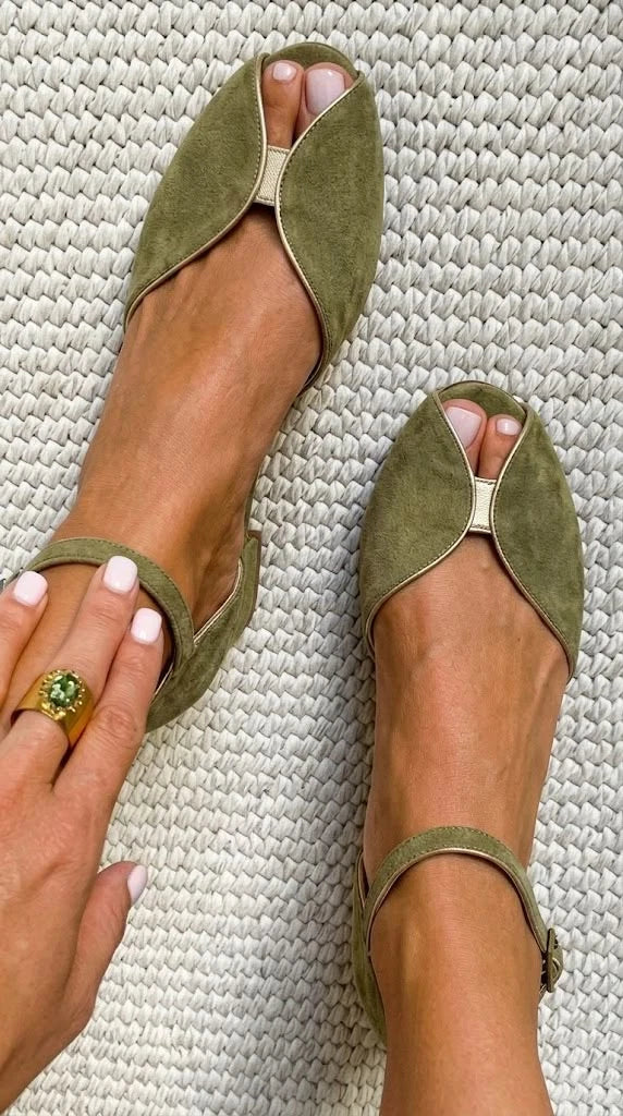 Olivia Women's Peep-Toe Flat Sandals – Ankle Strap Walking Shoes — Green