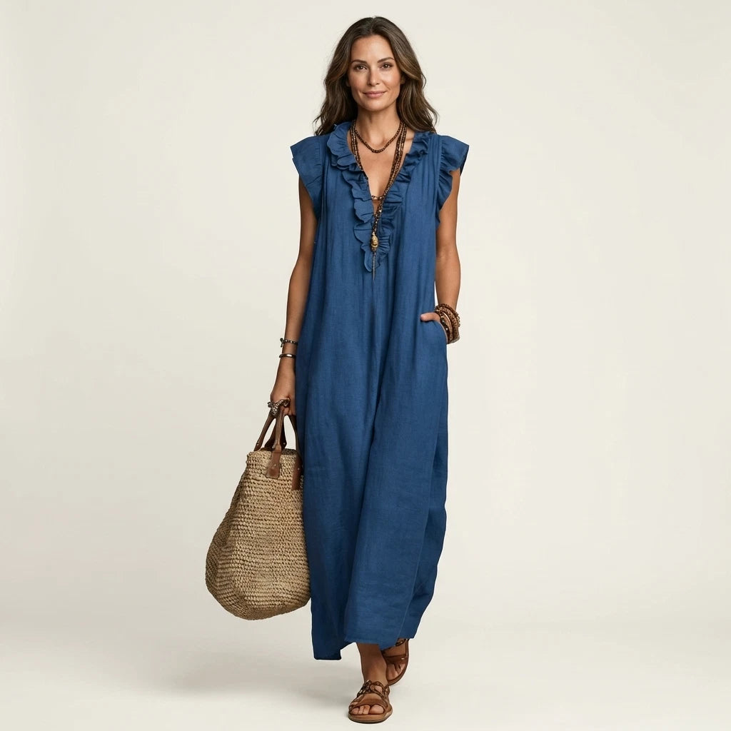 Josette Women's Maxi Dress – Ruffle V-Neck Comfort — Blue