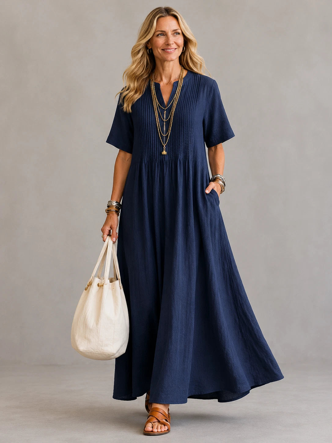 Pleated Women's Maxi Dress – Relaxed Fit Everyday Comfort — Marine Blue