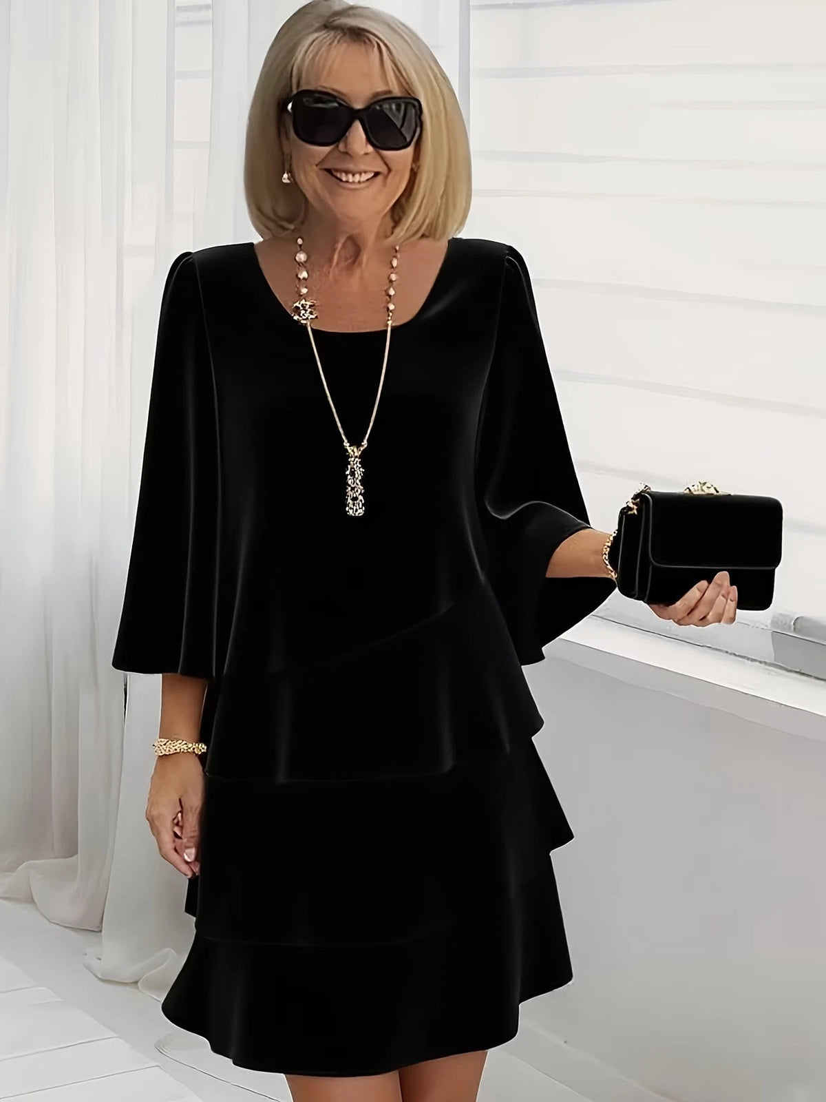 Catherine Women's Dress – Layered Ruffles Elegant Movement — Black