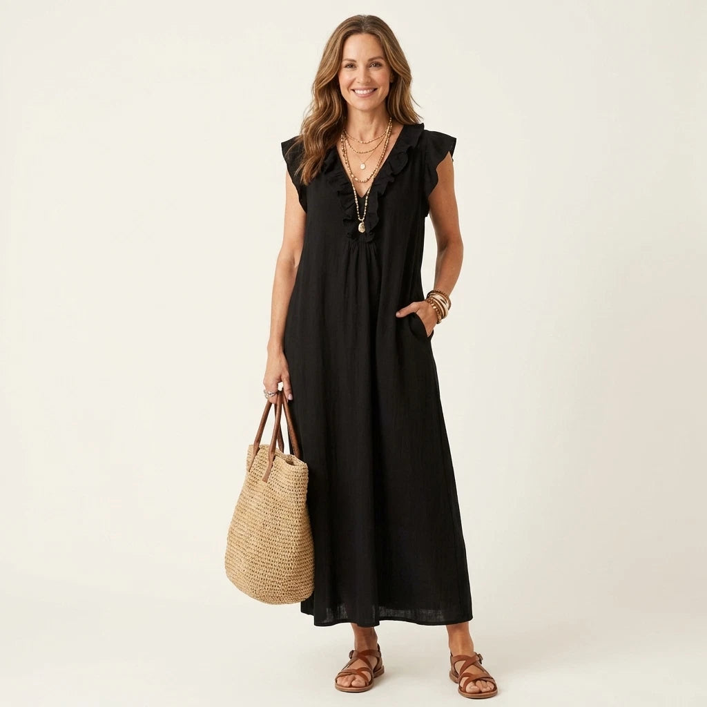 Josette Women's Maxi Dress – Ruffle V-Neck Comfort — Black