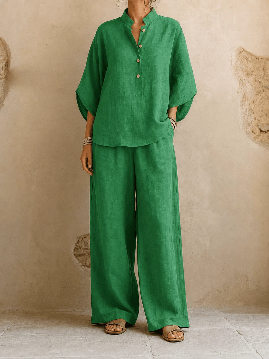 Maribel Women's Two-Piece Set – Batwing Wide-Leg Comfort — Green