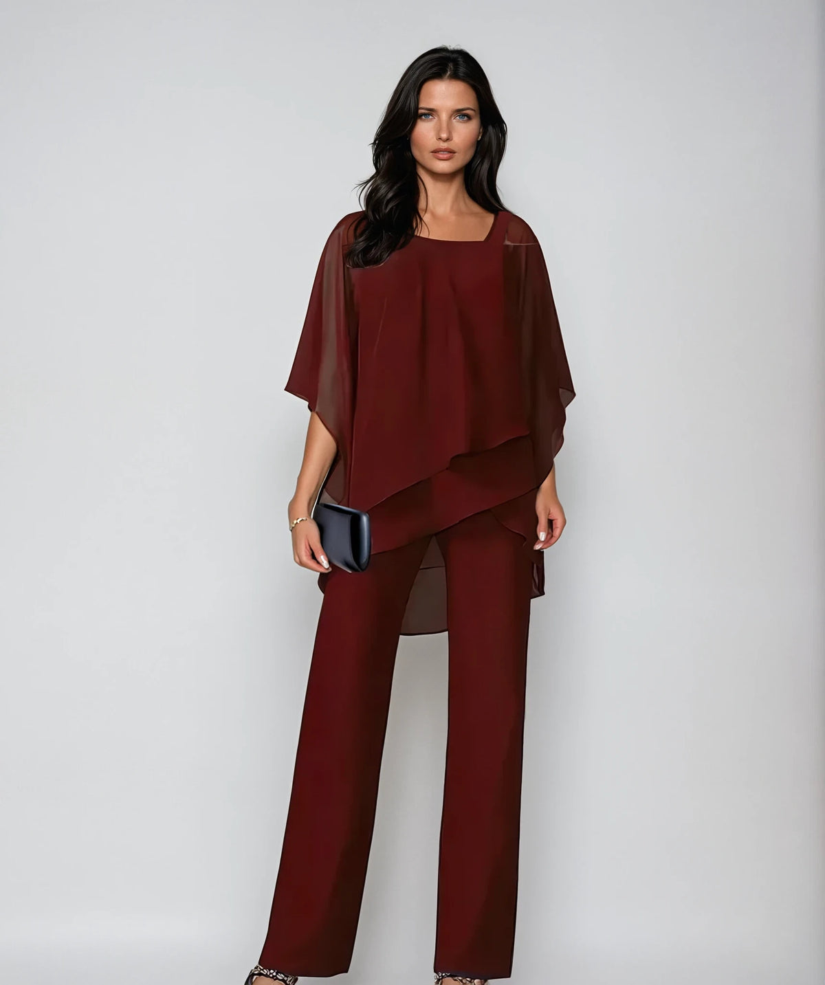 Eleanor Women's Two-Piece Set – Asymmetric Chiffon Drape — Rosso