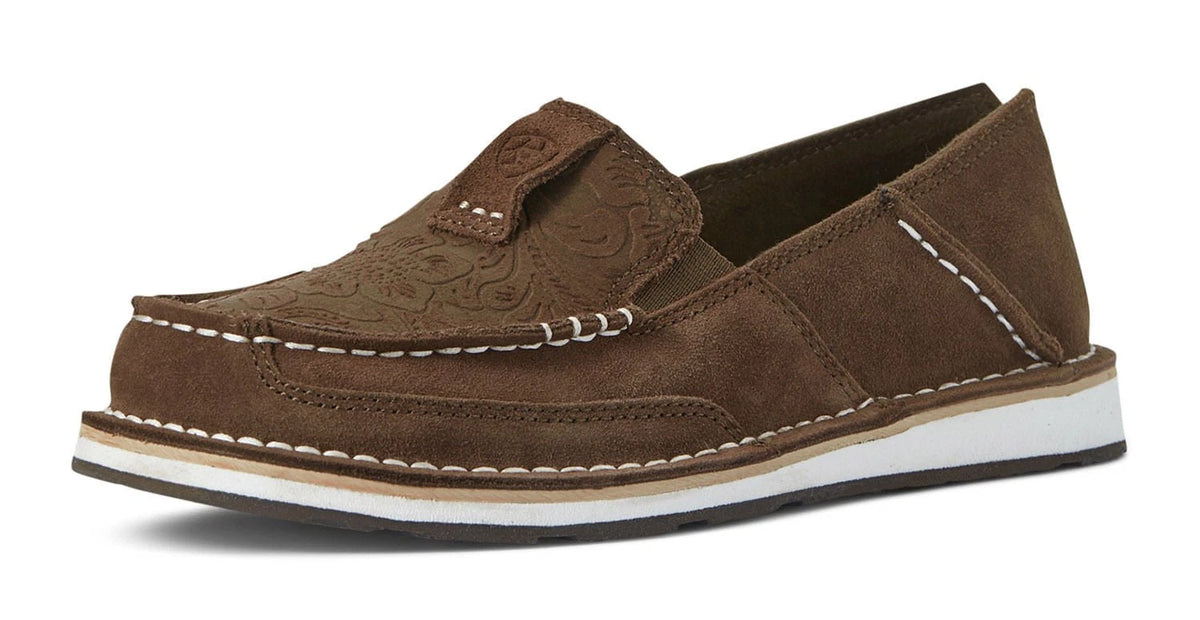 Women's Slip-On Shoes – Leather Stretch Casual Comfort — Brown Suede Floral