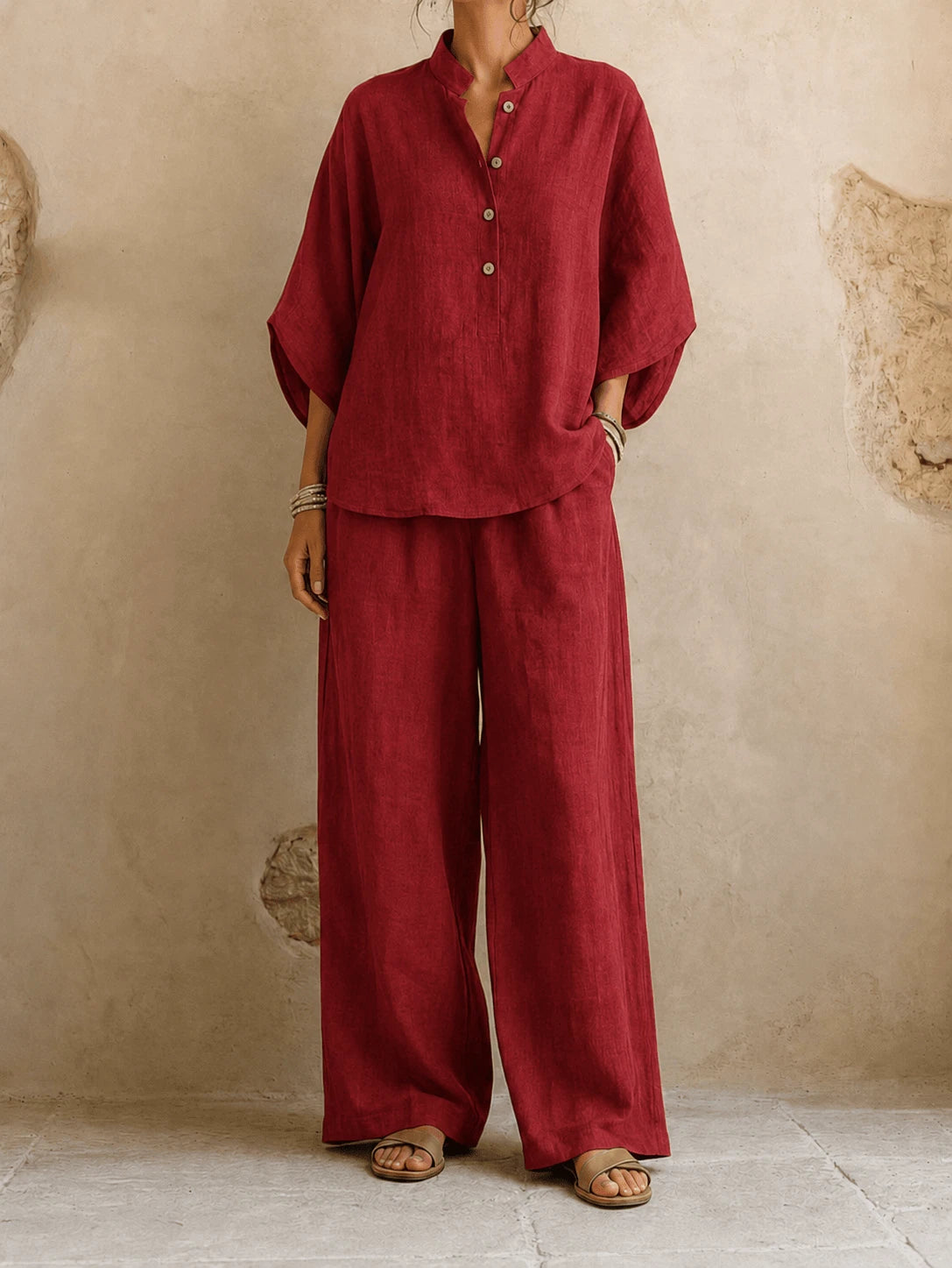 Maribel Women's Two-Piece Set – Batwing Wide-Leg Comfort — Red