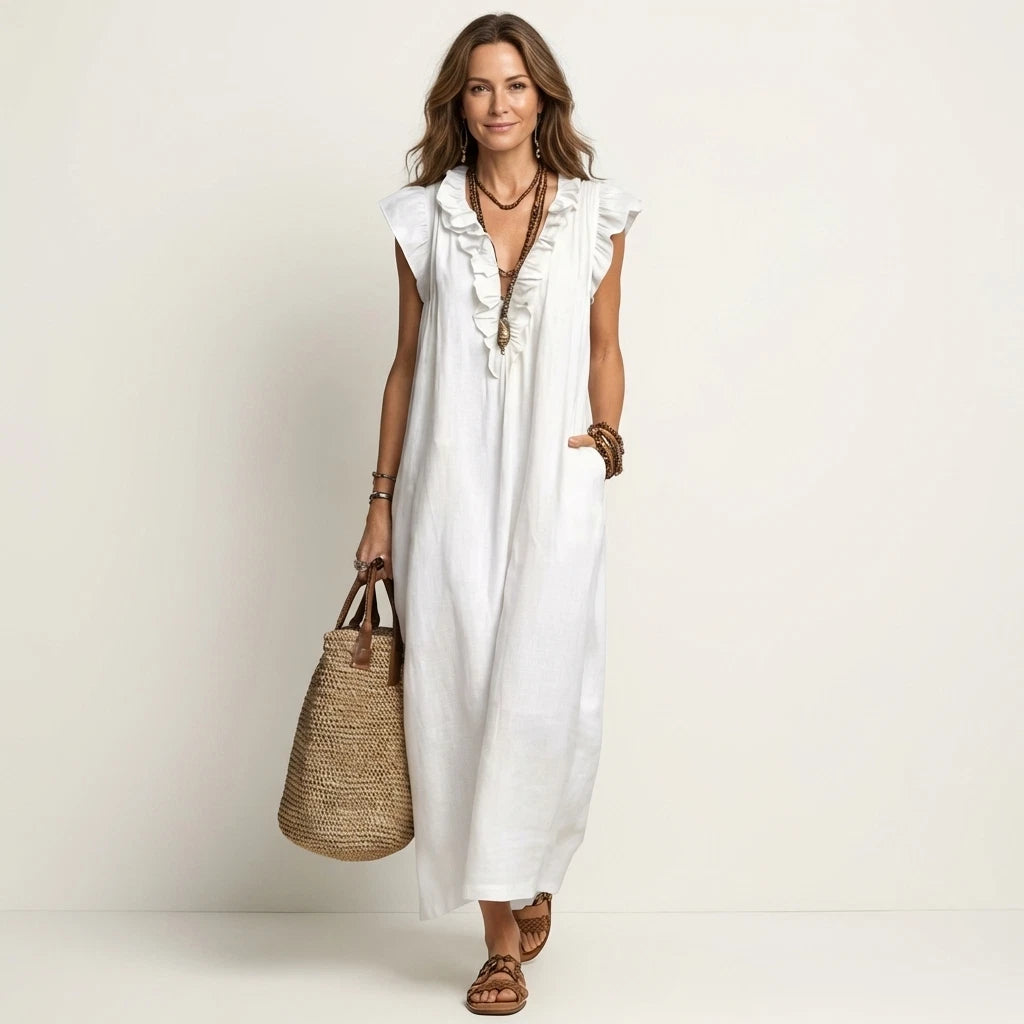 Josette Women's Maxi Dress – Ruffle V-Neck Comfort — White