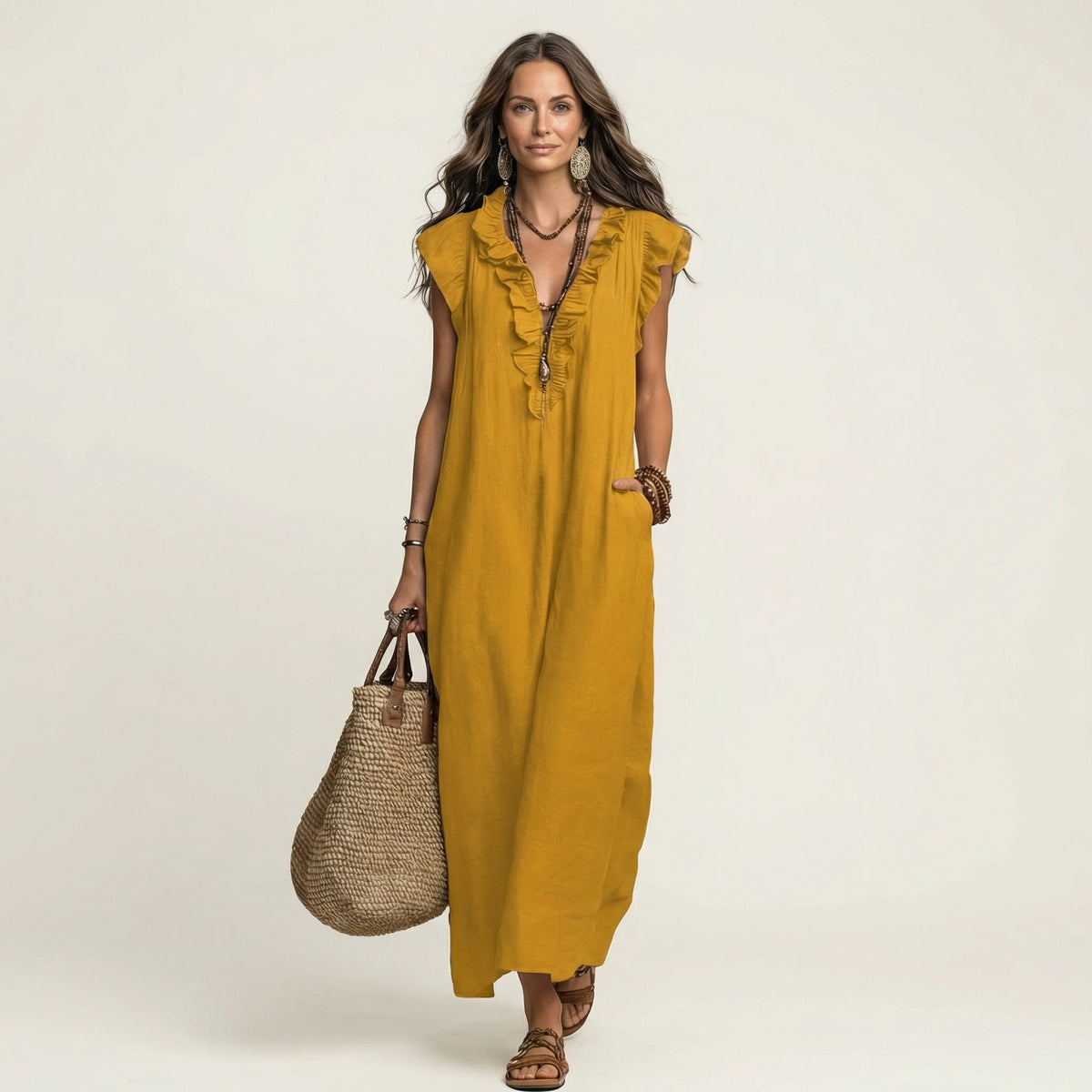 Josette Women's Maxi Dress – Ruffle V-Neck Comfort — Yellow