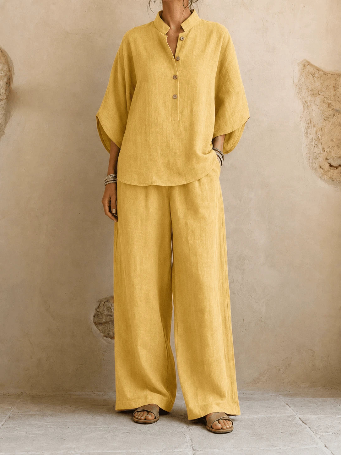 Maribel Women's Two-Piece Set – Batwing Wide-Leg Comfort — Yellow