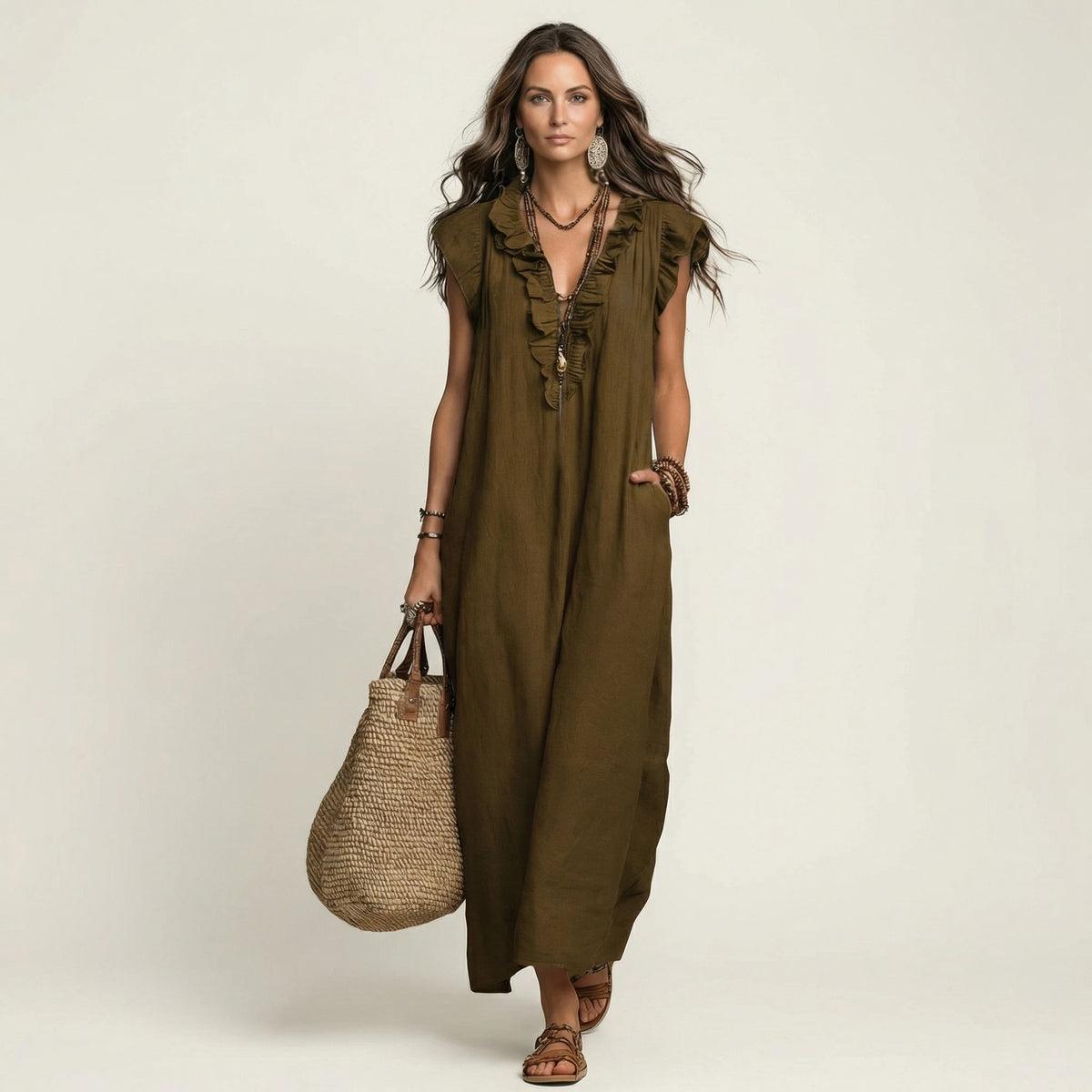 Josette Women's Maxi Dress – Ruffle V-Neck Comfort — Brown