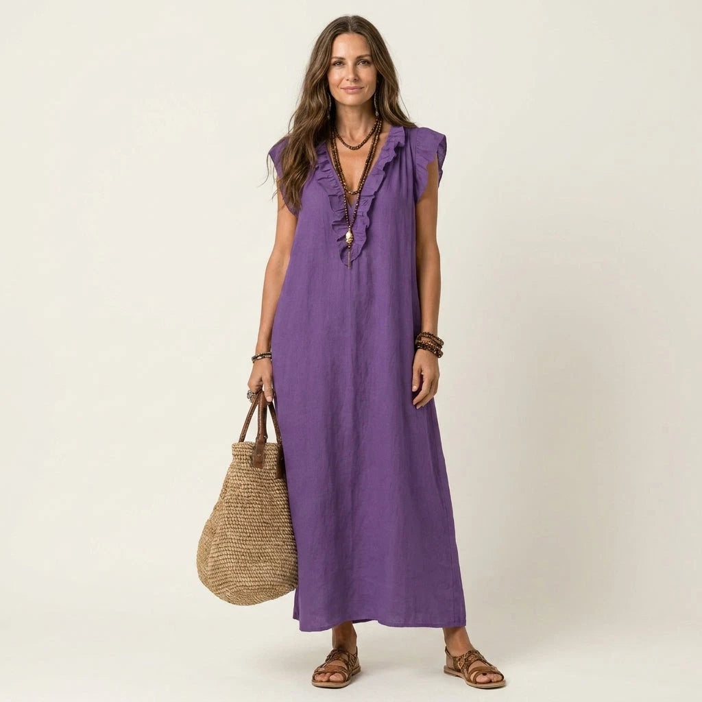 Josette Women's Maxi Dress – Ruffle V-Neck Comfort — Purple
